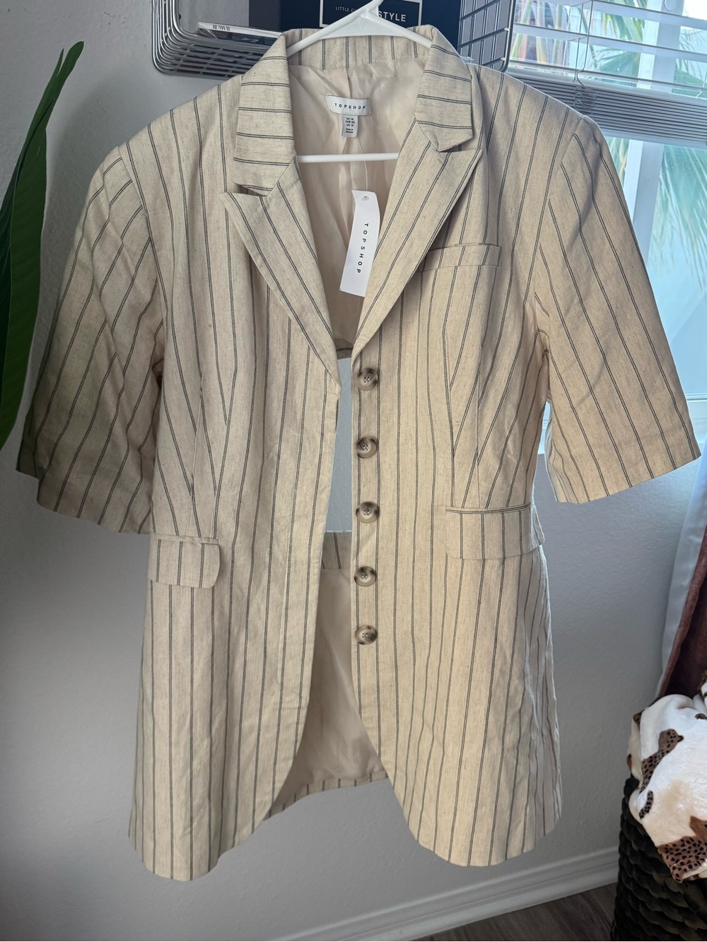 Topshop Cream Striped Short-Sleeve Blazer